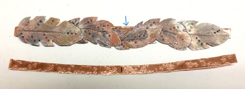 Judy Larson's Copper Feather Earrings Remodel Into Cuff - , Metalwork, Cutting, Cutting Tool, Cutters, Oxidizing Wire, Oxidizing, Antiquing Wire, Antiquing, Stamping, Stamps, Texturing, Butane Torch, Soldering, Solder, Design, sanding, filing, polishing, Mark the center of the long strip
